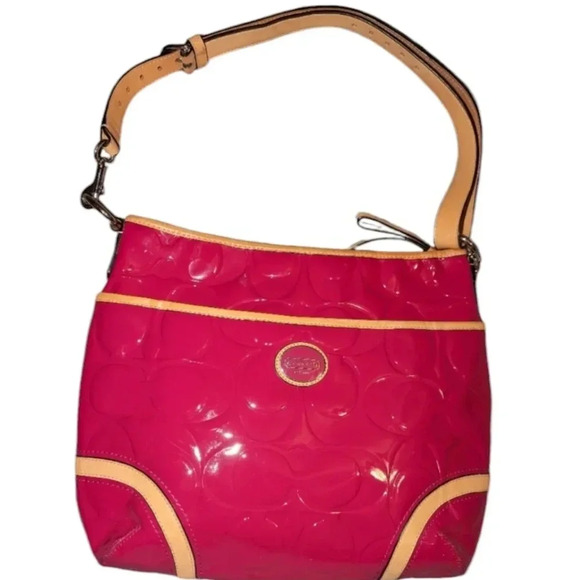 Coach Peyton Embossed Patent Convertible Hobo In Crimson Pink And Tan - Picture 12 of 12